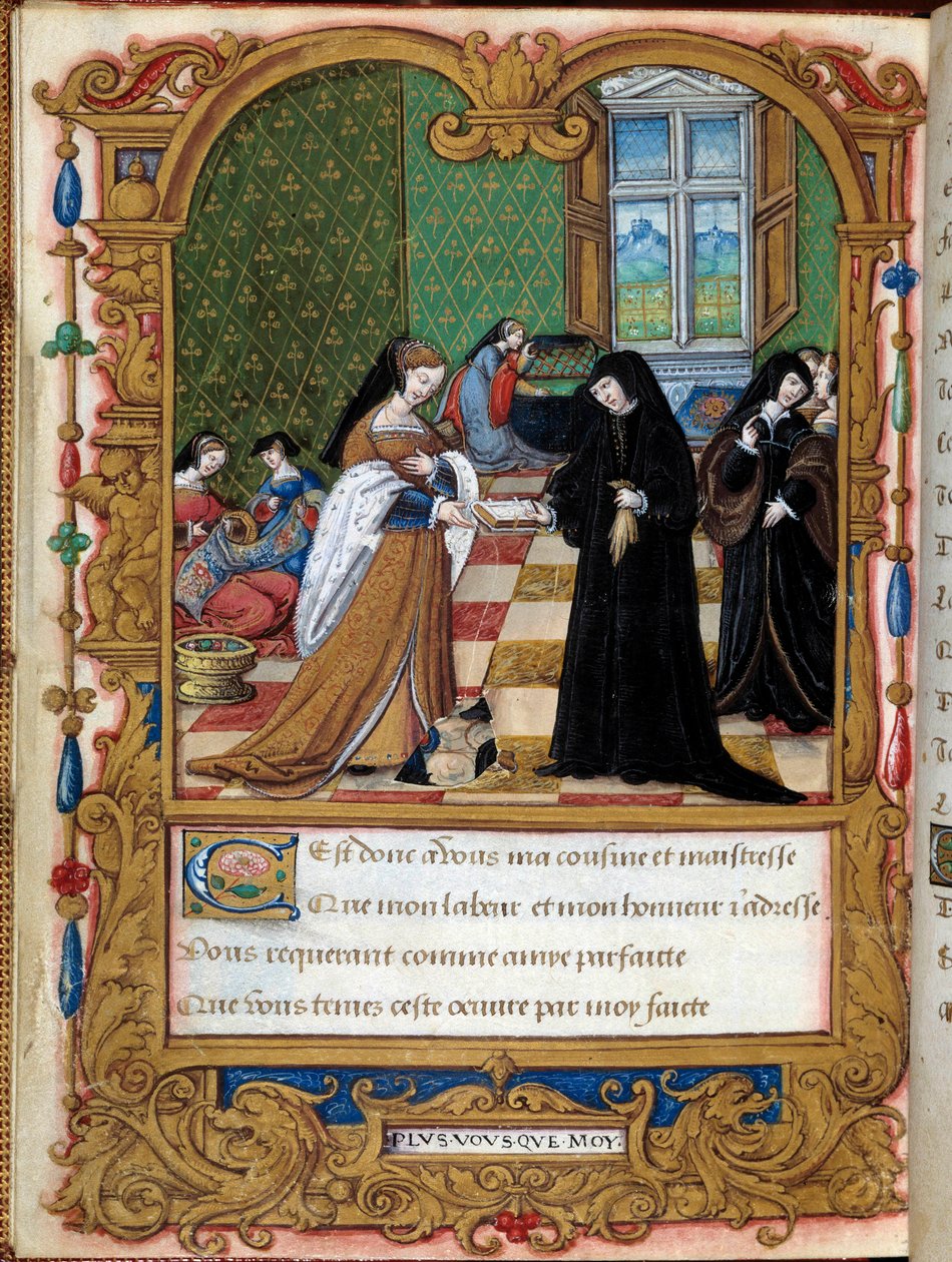 Angoulemai Margarita (1492-1549) Navarra királynője átadja könyvét Etampes hercegnőjének és I. Francois Anne Pisseleu kedvencének. Lapját a mester által megvilágított Angoulema Margit „” La coche ou Debat d