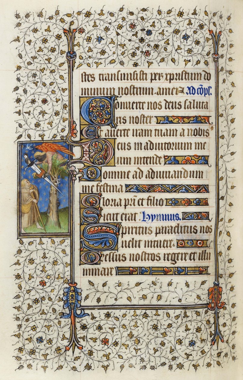 Ms 62 f.132v Szárnyas figura fa tetején, karddal átlyukasztott könyvvel, Guillaume de Deguilleville 1350, 1417-es „Szentlélek órái” című művéből (tinta és aranylevél pergamenen) alkotó: Master of the Rohan Hours