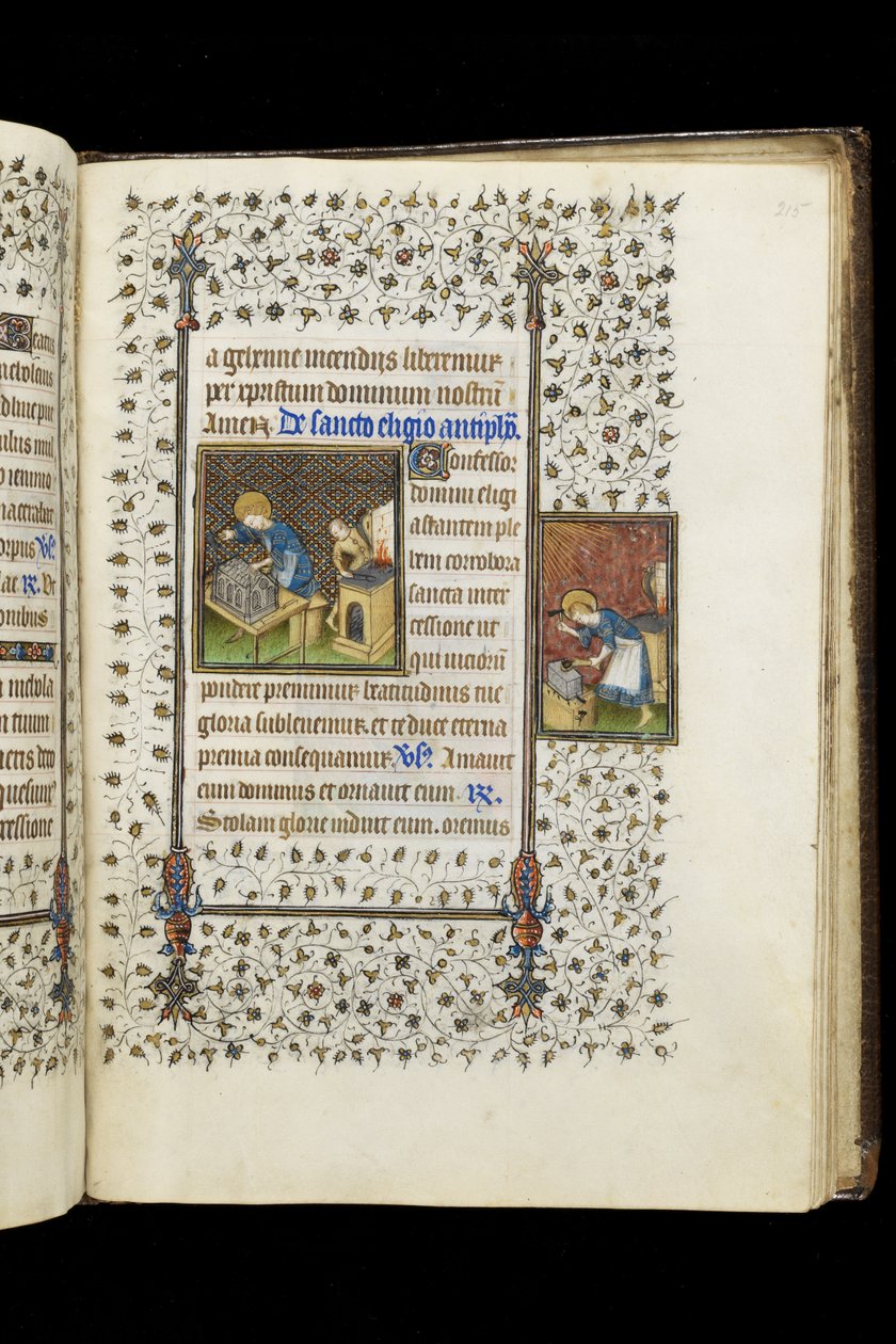 Ms 62 f.215r Szent Eligius szentélyt készít; Szent Eligius egy üllőnél, az Órák könyvéből, 1445-50 körül (vellum) alkotó: Master of the Rohan Hours