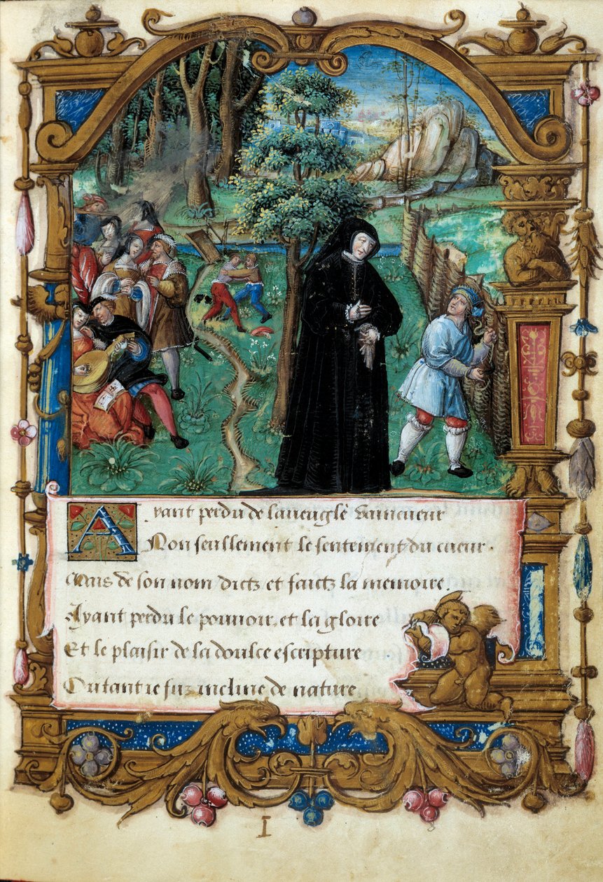 Representation of the Queen of Navarre Margarita of Angoulema (1492-1549), courteous love scene. Page taken from the manuscript “” La coche ou Debat d