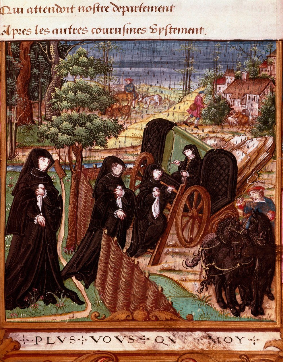 Angoulemai Margarita navarrai királynő (1492-1549) ábrázolása, körülvéve egy hintón sétálni induló társhölgyeivel”” Az oldal Angoulemai Margit „” La coche ou Debat d
