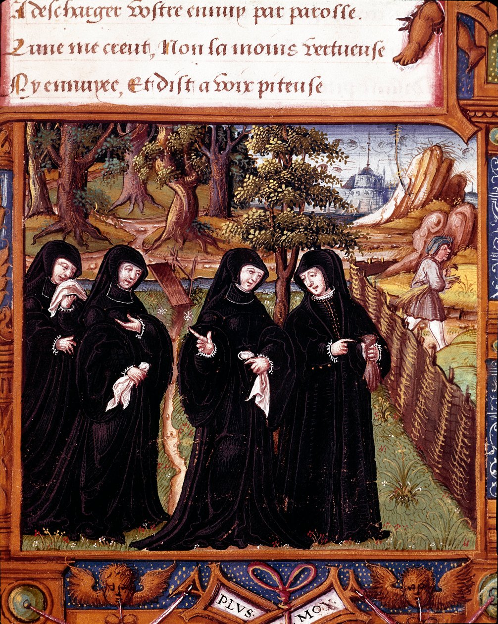 Angoulemai Margarita navarrai királynő (1492-1549) ábrázolása társaival beszélgetve. Oldal az Angoulemai Margarita „” La coche ou Debat d