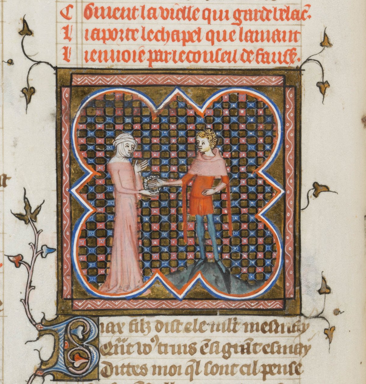 Miniatűr Guillaume de Lorris és Jean de Meun Roman de la Rose kéziratából, 1353 alkotó: Master of the Rose novels