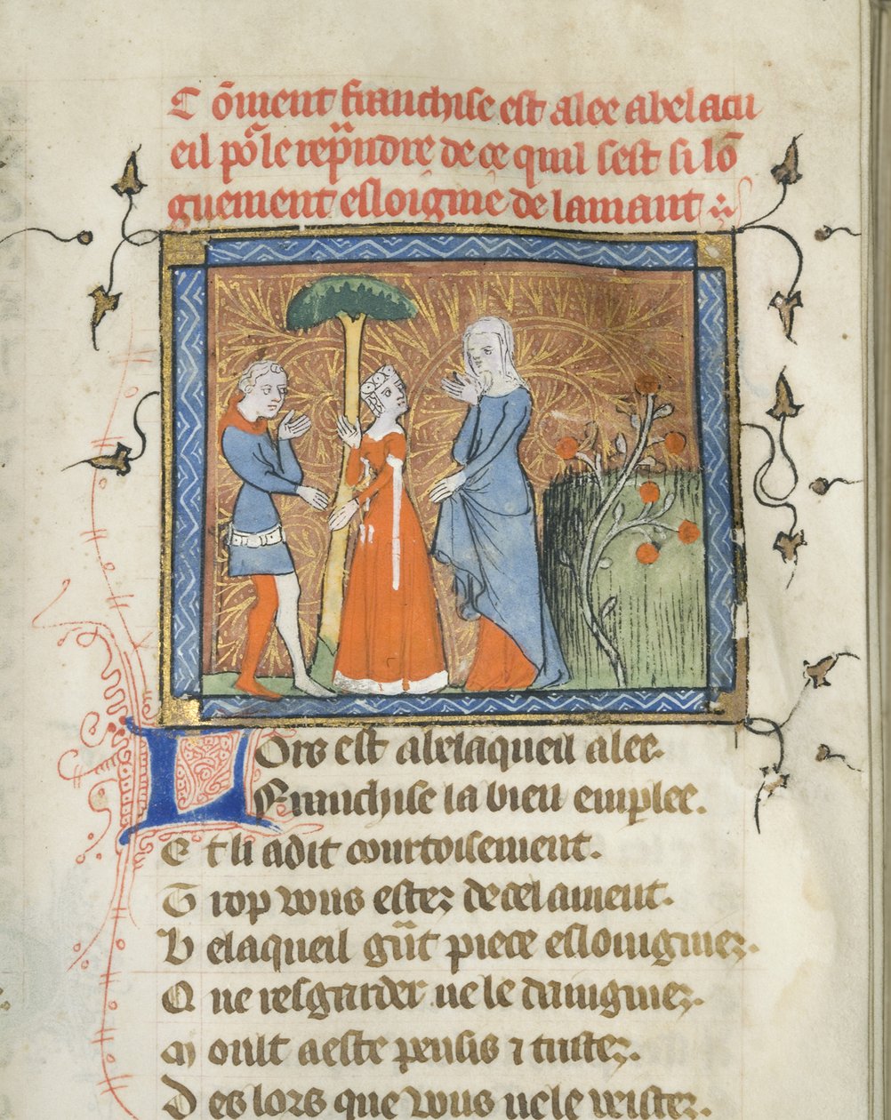 Miniatűr Guillaume de Lorris és Jean de Meun Roman de la Rose kéziratából, 1365 körül alkotó: Master of the Rose novels