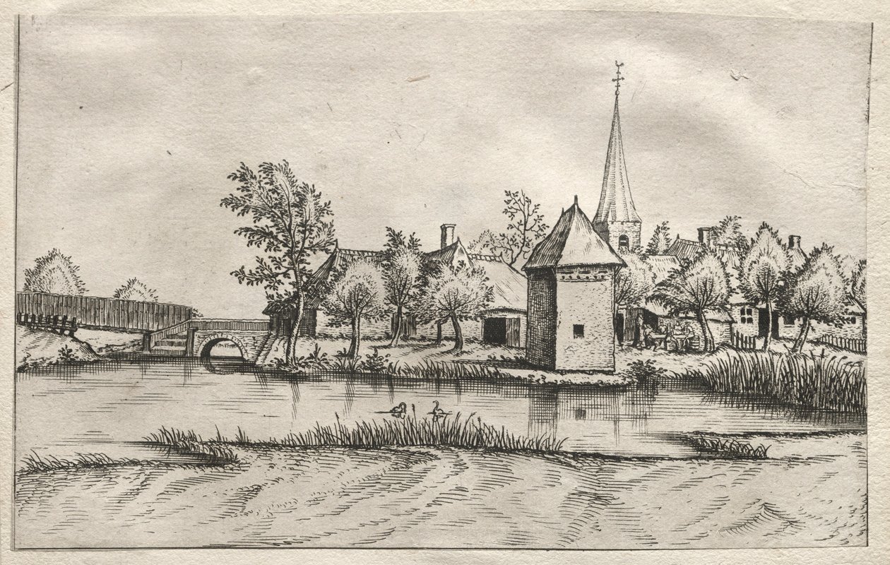 A brabanti és a campine-i falvak kilátásai: Egy árkos falu, c. 1561. alkotó: Master of the Small Landscapes