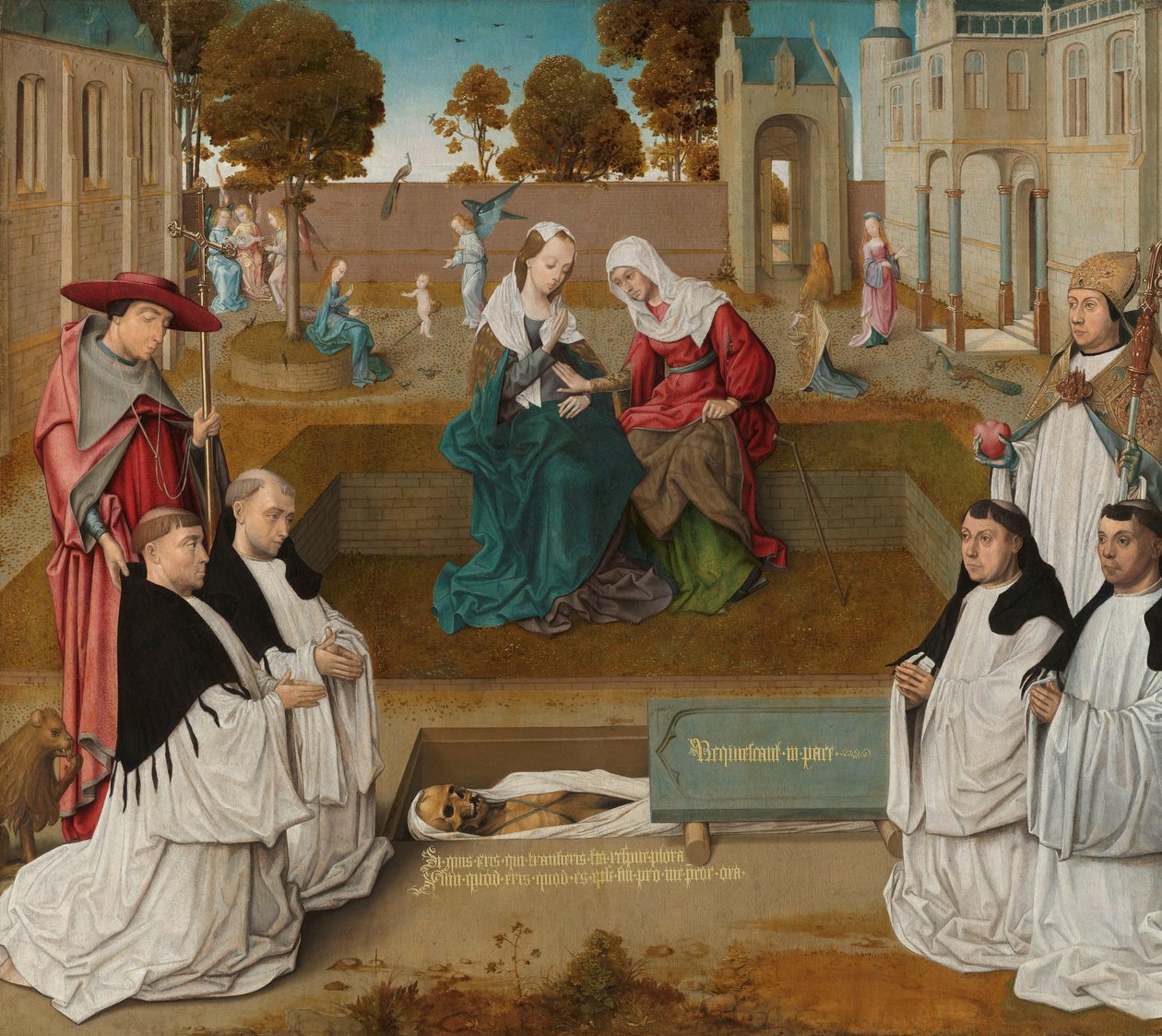 emléktábla Négy kanonok Szent Ágostonnal és Jeromossal egy nyitott sírnál a látogatással alkotó: Master of the Spes Nostra