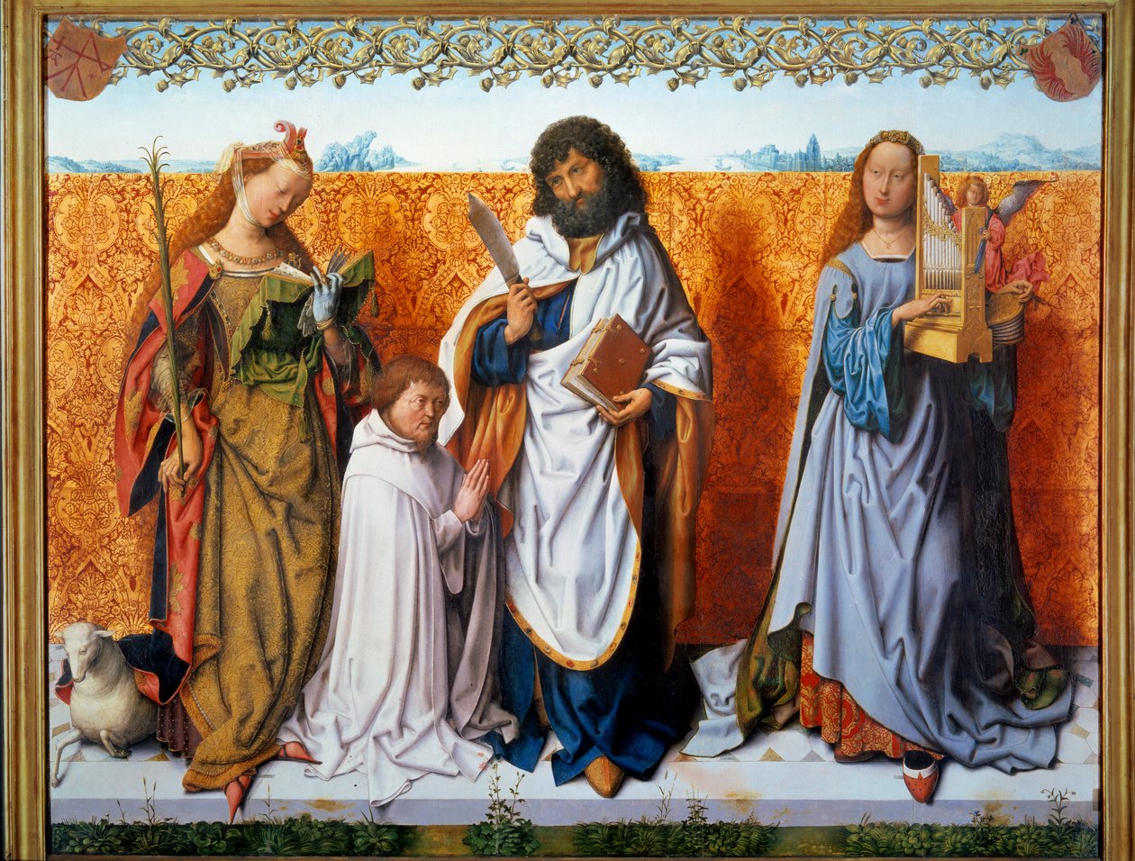 Szent Bertalan oltárának központi táblája: Szent Ágnes, Bertalan és Szent Cecile adományozóval. Szent Bertalan mesterének festménye (XVI. század) Ec. Minden. alkotó: Master of the St. Bartholomew Altarpiece