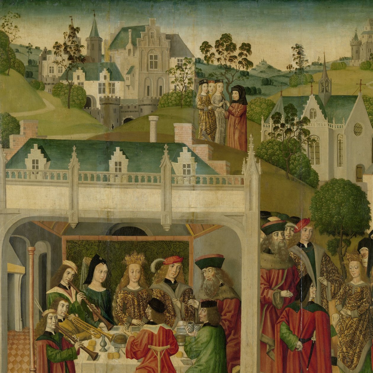 Magyar Szent Erzsébet és Türingiai Lajos nászünnepe a Wartburgban, a dordrechti Grote Kerk számára készült oltárkép bal belső szárnya alkotó: Master of the St Elizabeth Panels