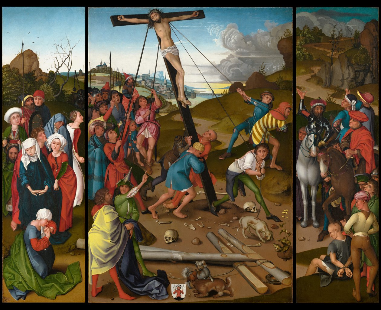 A keresztemelés [középső, bal és jobb oldali panelek] alkotó: Master of the Starck Triptych