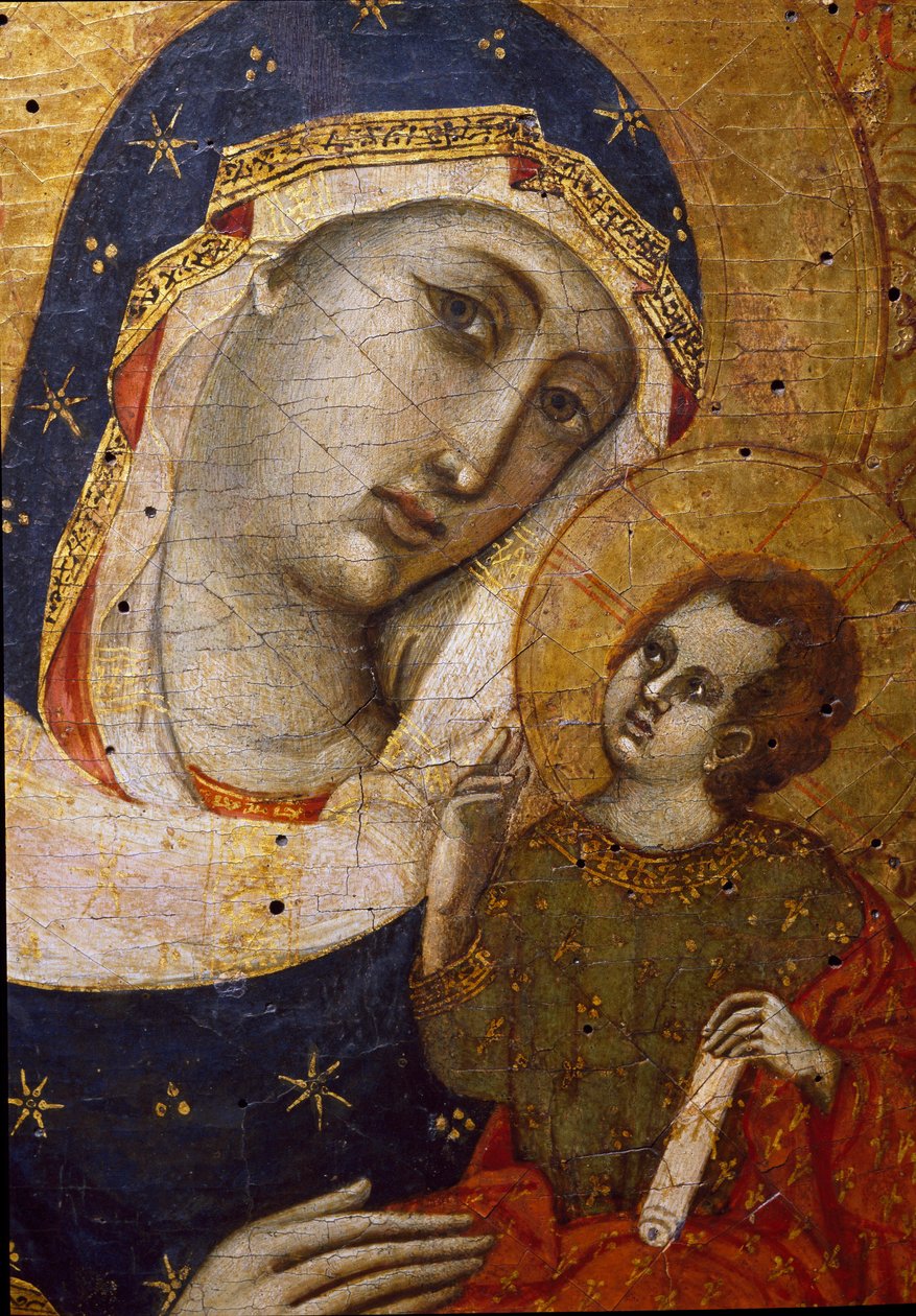 Szűz gyermekkel Részlet - Sterbini diptichon mesterének festménye fára (14. század) Méret 33,5x26,7 cm Ülés, Museo del Tesoro della Basilica di San Francesco alkotó: Master of the Sterbini Diptych