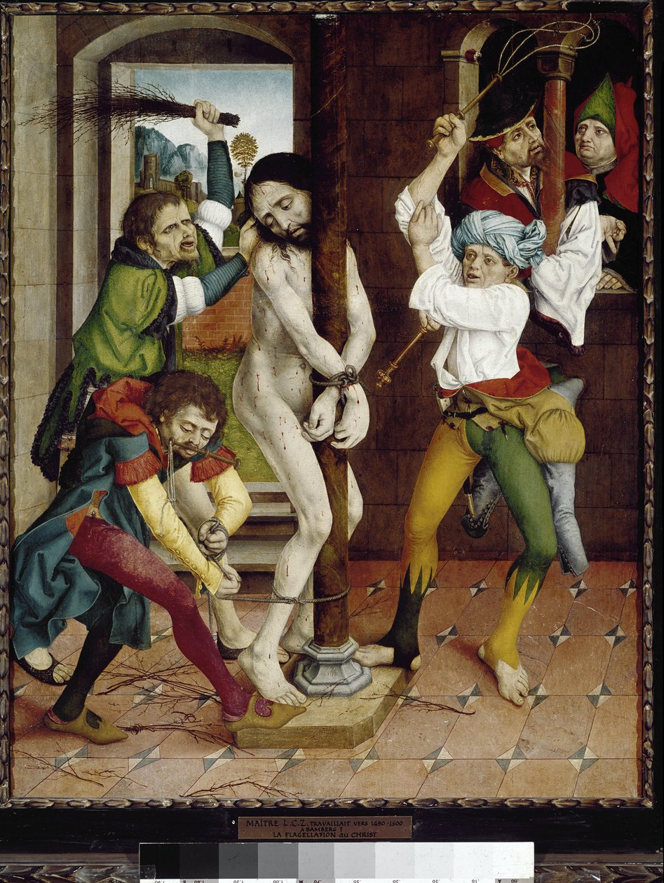 Krisztus megkorbácsolása vagy korbácsolás az oszlopnál. (olaj, fa alkotó: Master of the Strache Altar