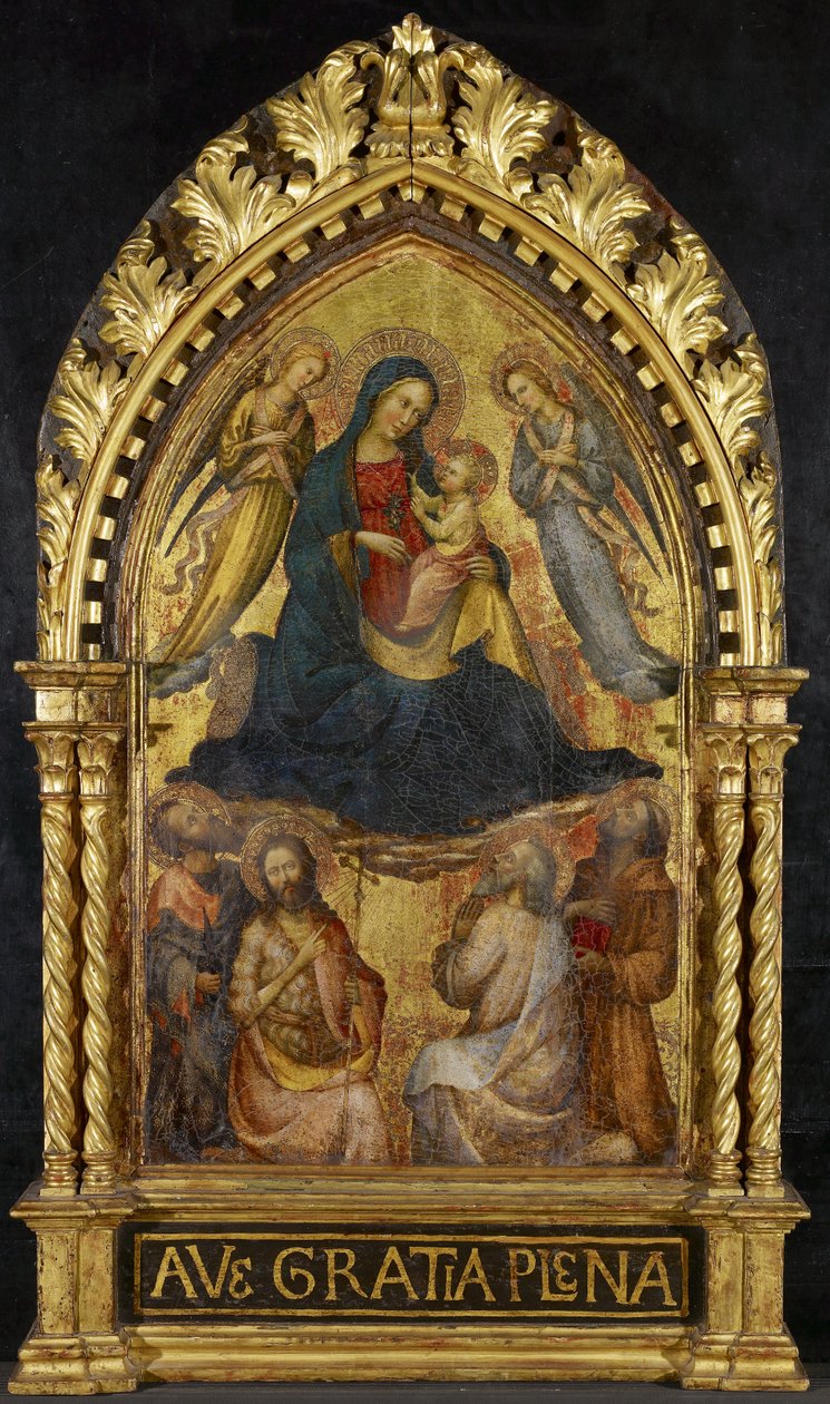 Szűz és gyermek angyalokkal és négy szenttel, c. 1400-15 (tempera és aranylevél a panelen) alkotó: Master of the Straus Madonna