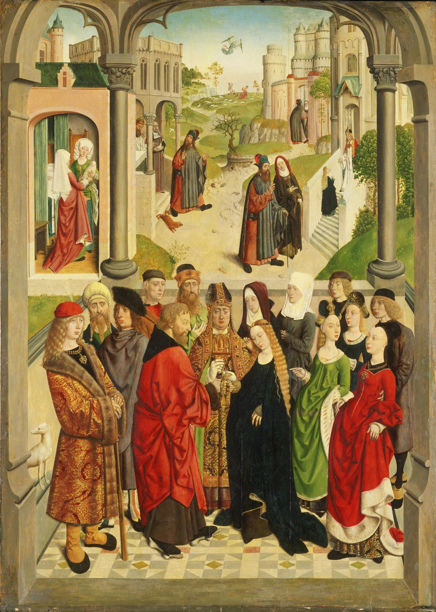 Holland: Mária házassága. Háttérben (balról jobbra) Mária születése, Joachim kiűzése a templomból, a Joachimnak szóló igehirdetés, a találkozás az Aranykapunál és Mária bemutatása a templomban. alkotó: Master of the Tiburtine Sibyl