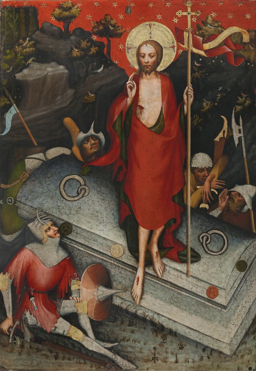 A Feltámadás. A treboni oltárról - Wittingau mestere (a treboni oltár mestere) (aktív kb. 1380-1390). Tempera panelen, kb 1380. Mérete: 132x92 cm. Nemzeti Galéria, Prága alkotó: Master of the Trebon Altarpiece