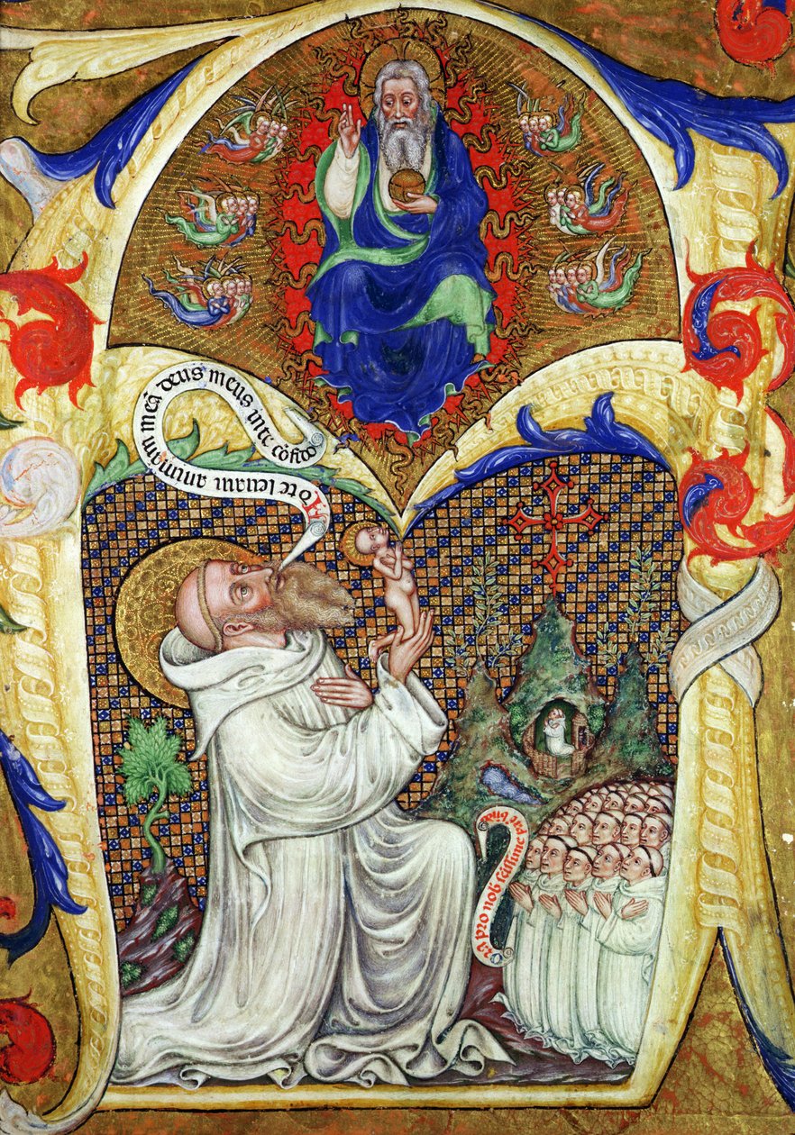 Történelmi kezdetű „A”, amely Szent Benedeket ábrázolja, aki felajánlja lelkét az Atyaistennek, Lombardia Iskola alkotó: Master of the Vitae Imperatorum