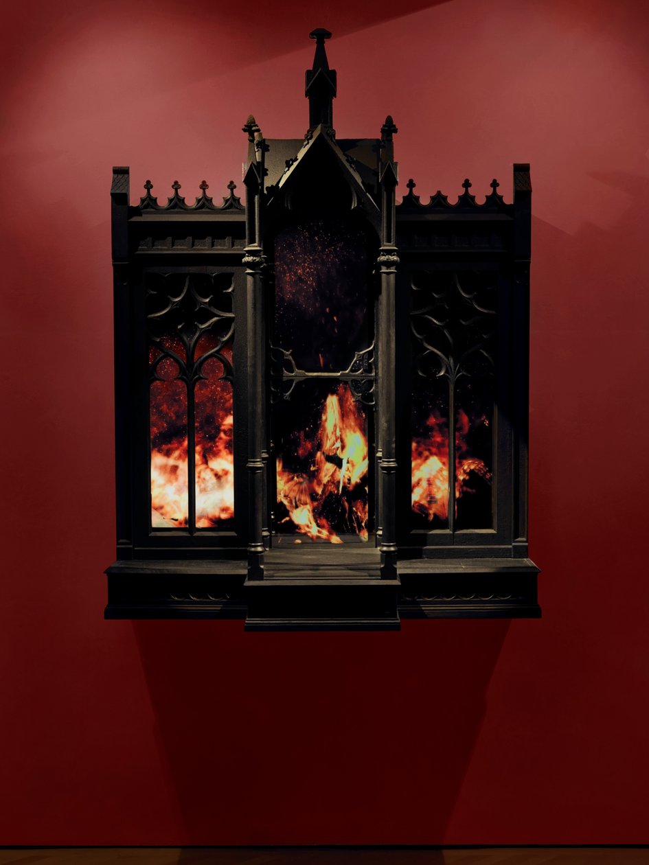 Performance, 2010 (fa, acél, megfigyelő tükör, LCD képernyők és merevlemez) alkotó: Mat Collishaw