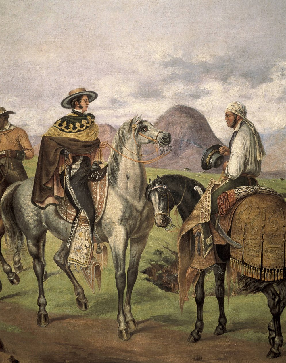 Charros”” (mexikói lovasok) díszes ruhába öltözve. Mateo Saldana (1875-1951) munkája, XX. Kosztümösség. Olajfestmény alkotó: Mateo Saldana