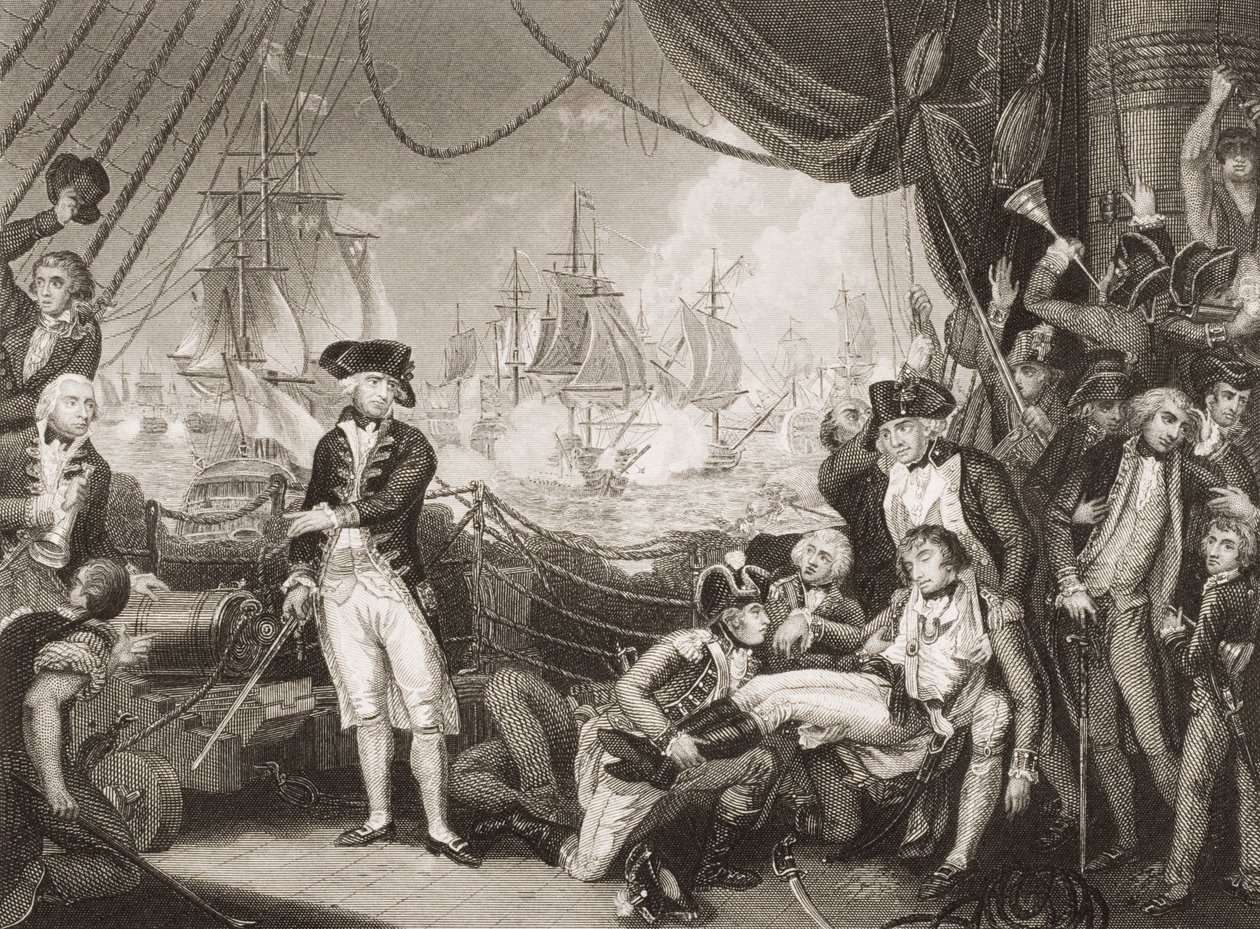 Jelenet a Charlotte királynő fedélzetén, 1794. június 1., illusztráció az „Anglia tengeri és szárazföldi csatái” című művéből, Lieut. Williams ezredes (metszet) alkotó: Mather Brown