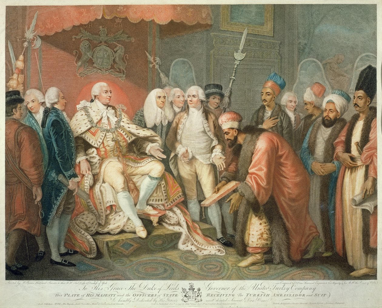 Őfelsége és államtisztjei a török követ és öltöny fogadása, metszet: Daniel Orme (1767-1832), pub. készítette: Edward Orme, 1797 (stipple-metszet) alkotó: Mather Brown