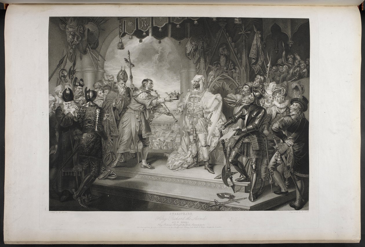 Richárd király a második.IV. felvonás. I. jelenet. Richard király, Bolingbroke, York, Aumerle stb. A Parlament épületében, 1803 körül (metszet) alkotó: Mather Brown