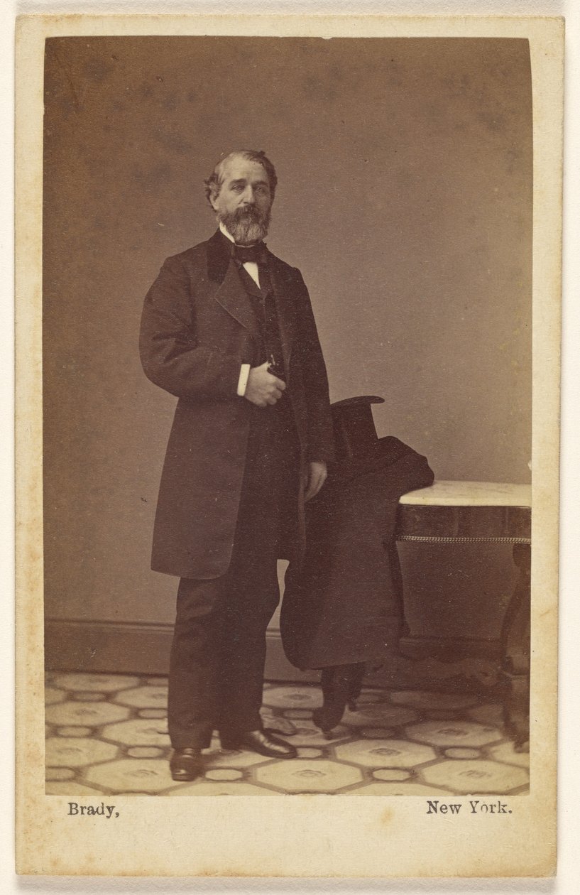 [Álló, azonosítatlan szakállas férfi; a közeli asztalon egy cilinder és egy kabát fekszik] alkotó: Mathew B. Brady