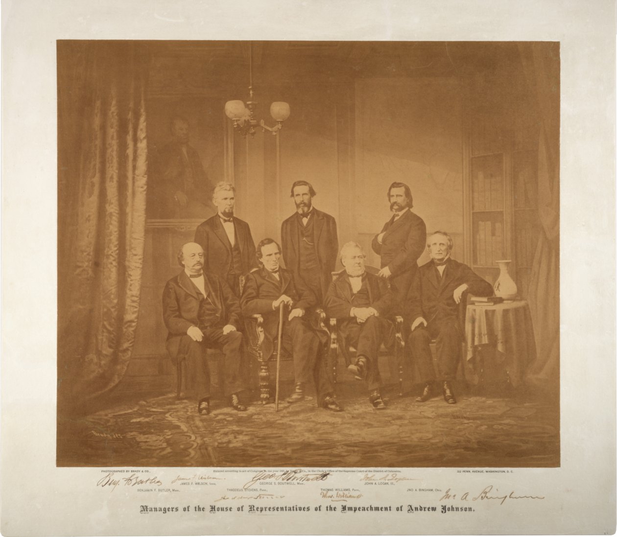 Az impeachment képviselőházának vezetői, 1868 (szépia fotó) alkotó: Mathew B. Brady