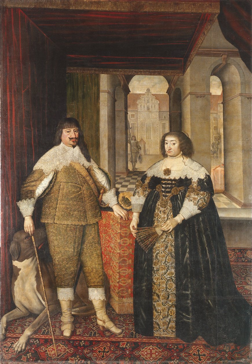 George William brandenburgi választófejedelem és hitvese, Elizabeth Charlotte, valamint egy masztiff portréja alkotó: Mathias Czwiczek