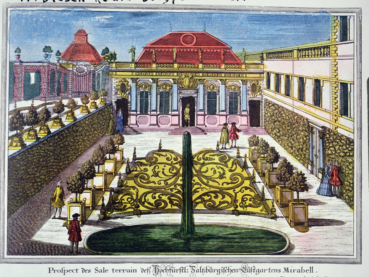 A Mirabelle park kertjei, Salzburg, Ausztria, metszet, Karl Remshardt (1678-1735), 1720 körül (színes metszet) alkotó: Mathias Diesel