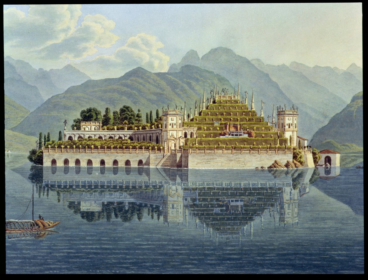 Isola Bella, Maggiore-tó: teraszos kertek, a „Le Simplon, Voyage Pittoresque de Geneve a Milan” című művéből, 1819. alkotó: Mathias Gabriel Lory