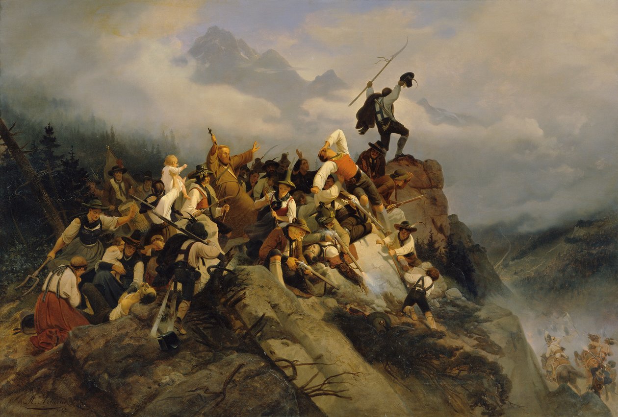 Joachim Haspinger atya a harcoló gazdák között, 1842. alkotó: Mathias Artaria