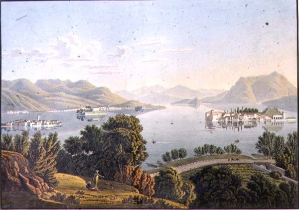 A Maggiore-tó és a Borromeai-szigetek látképe (Vue du Lac Majeur et des Isles Boromees) (metszet) alkotó: Mathias Gabriel (after) Lory