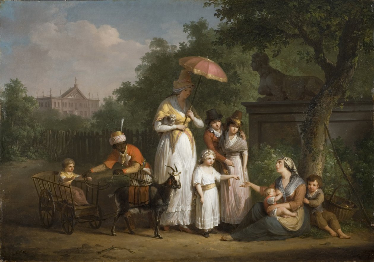 Egy nemesi család alamizsnát oszt egy parkban – Bree, Mathieu Ignace van (1773-1839) A Noble Family Distributing Alms in a Park. olaj a fára alkotó: Mathieu Ignace van Bree