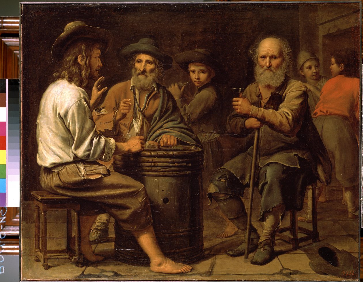 Parasztok egy fogadóban. (Parasztok egy kocsmában). Három férfi az asztalnál bort isznak és sajtot esznek, amelyet egy fiatal fiú szolgál fel egy hordón. Mathieu Le Nain (1607-1677) festménye, 1640 körül. Olaj, vászon. Ermitázs Múzeum, Saint Petersbou alkotó: Mathieu Le Nain