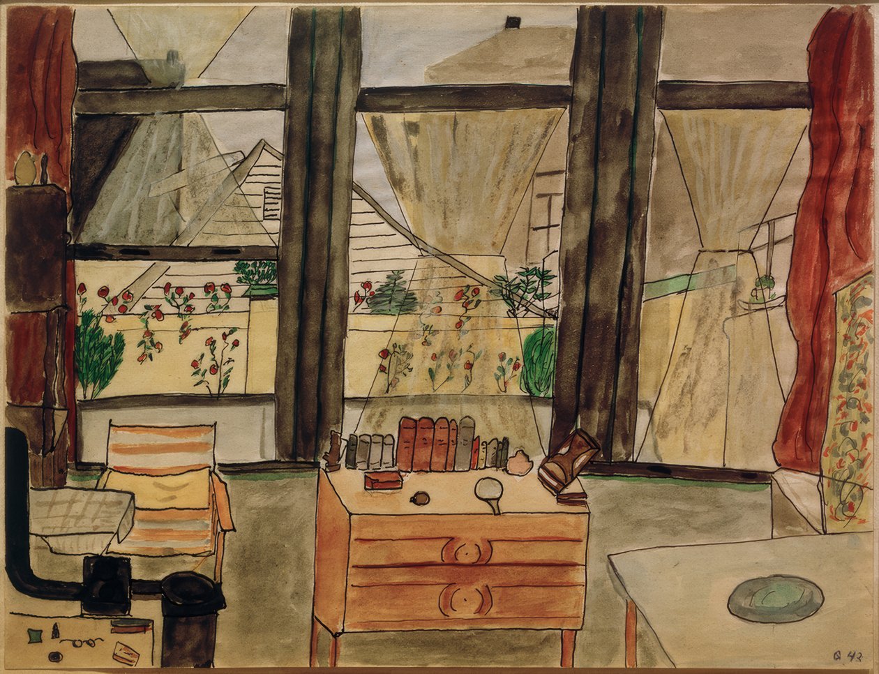 Max Beckmann hálószobája nyitott függönnyel alkotó: Mathilde Beckmann