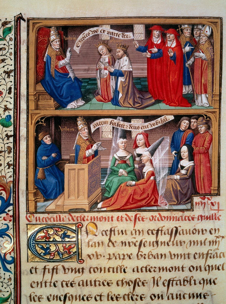 Az 1095-ös clermonti zsinat képviselete II. Urbain pápa (1042-1099) elnökletével, aki az első keresztes hadjáratot hirdette. Miniatűr Vincent de Beauvais (1184/94-1264) „Speculum historiale” (Le Mirror historial) kéziratából, amelyet a alkotó: Maître François