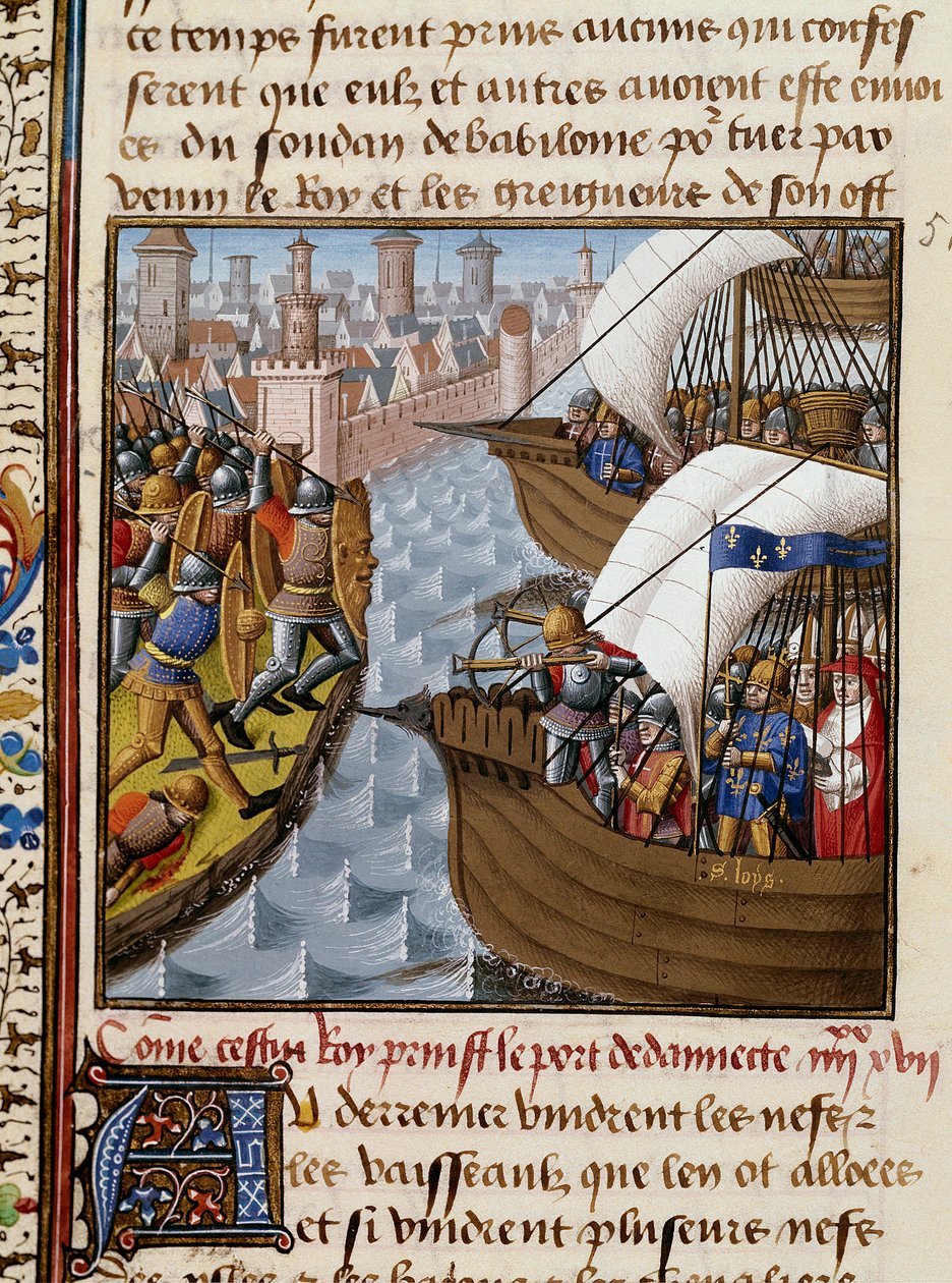 Hetedik keresztes hadjárat: Szent Lajos király (1214-1270) és a Damiettát ostromló átkelőhelyek 1249 júniusában Alsó-Egyiptomban. Miniatűr Vincent de Beauvais (1184/94-1264) „Speculum historiale” (Le Mirror historial) kéziratából, amelyet a Mester megvilág alkotó: Maître François
