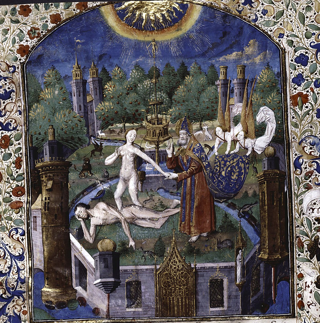 Éva teremtése az alvó Ádám testéből a De cleres et nobles femmesből, Giovanni Boccaccio, 1450-1475 alkotó: Maître François
