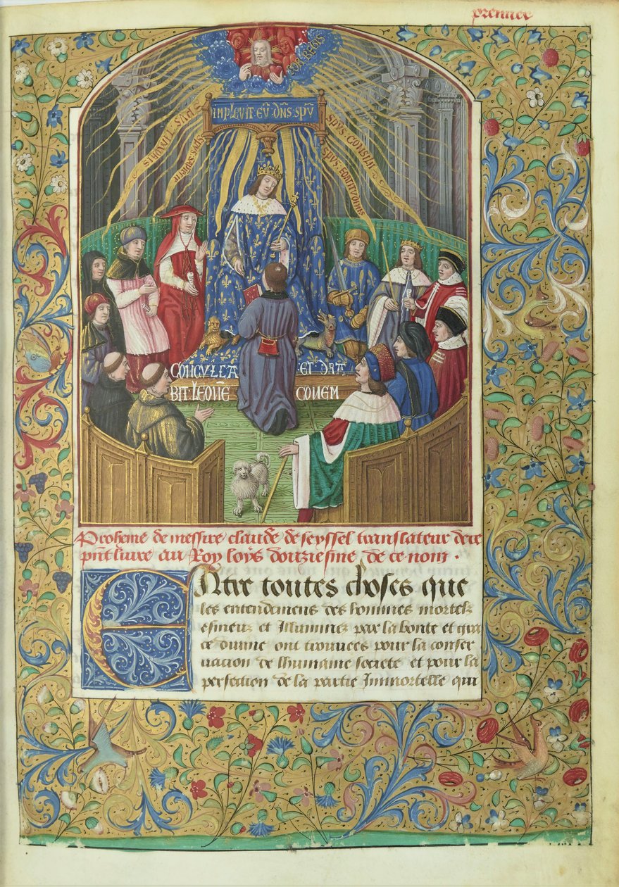 Xenophón Anabasis című műve Claude de Seyssel fordításában: dedikációs jelenet, a kézirat a fordító ajándéka XII. Lajosnak. alkotó: Maitre de Philippe de Gueldre