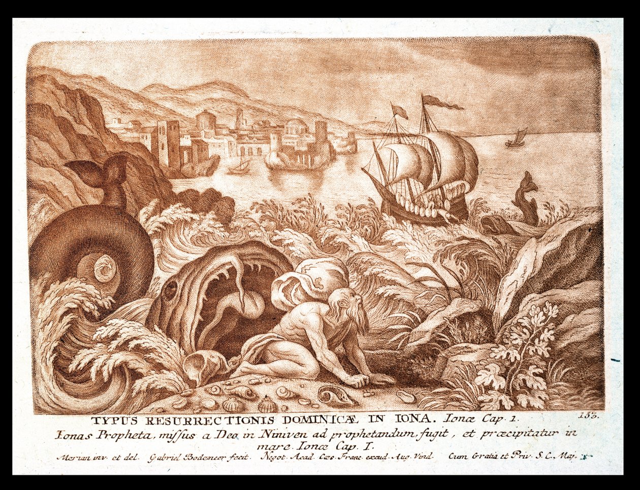 Jónás és a bálna, illusztráció egy Bibliából, vésette Gabriel Bodeneer (1673-1766) (szépia metszet) alkotó: Mattaus the Younger Merian