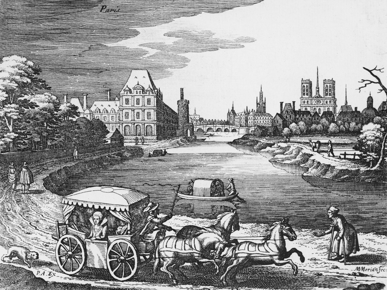 Kilátás a Louvre-ra és a Tuileriákra, színpadi edzővel az előtérben alkotó: Mattaus the Younger Merian