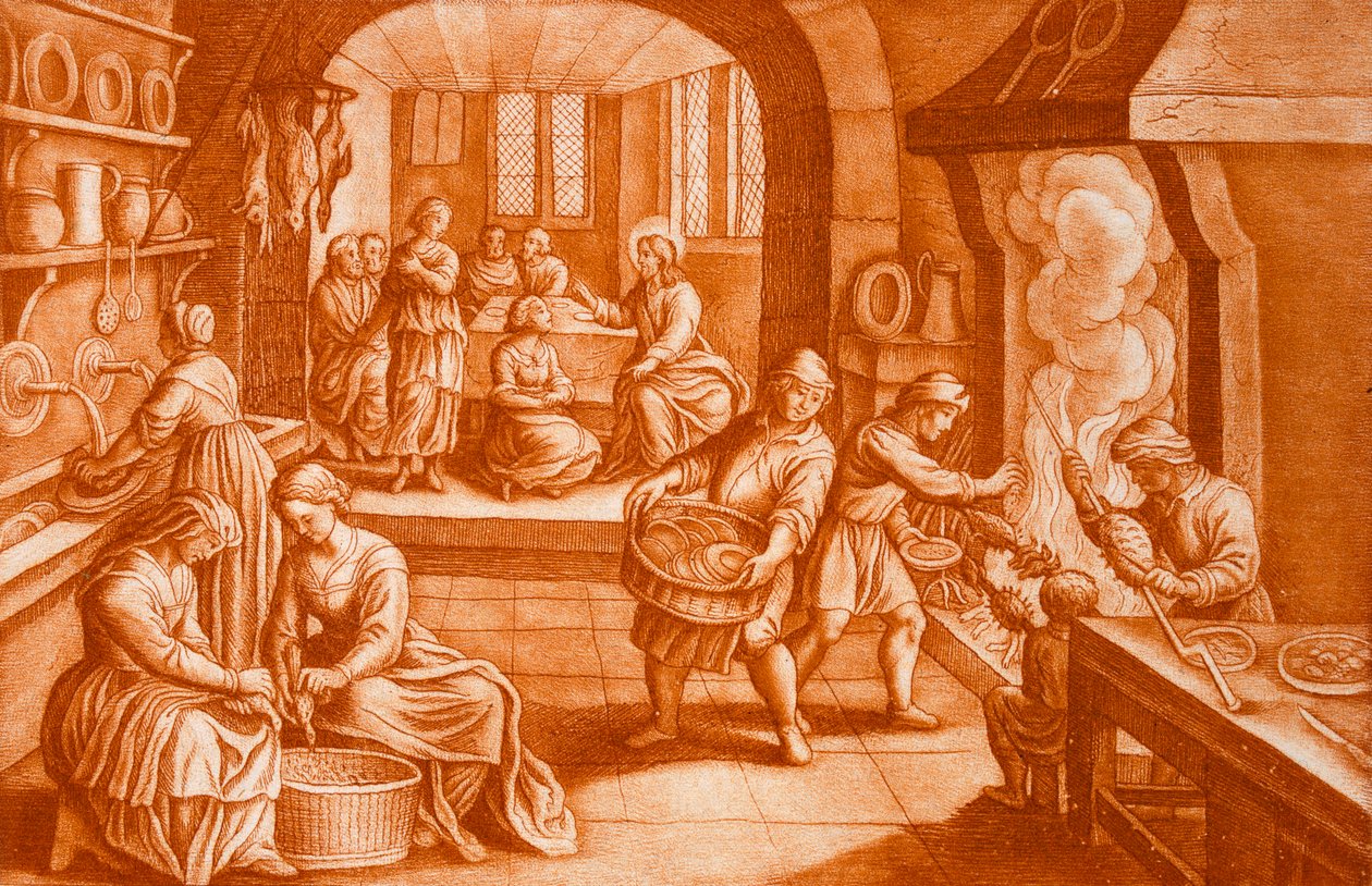 Mária és Márta története, illusztráció a Bibliából, J. C. Bodenehr metszet (szépia metszet) alkotó: Mattaus the Younger Merian