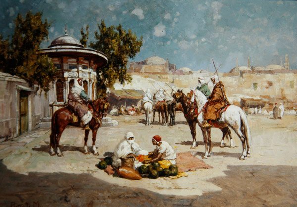 Arab harcosok a piactéren, 1910 körül (olaj, panel) alkotó: Matteo Da Angelo Rossotti