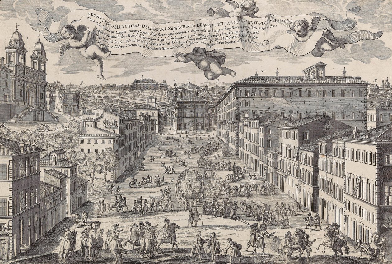 A Santissima Trinita de Monti templom tájékoztatója, közismert nevén Piazza di Spagnia, 1696. alkotó: Matteo Gregorio de Rossi