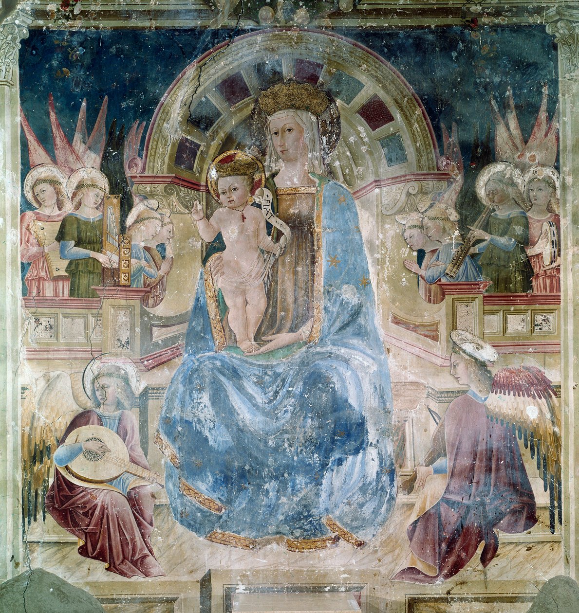 Szűz és gyermek szentekkel és angyalokkal körülvéve Matteo da Gualdo freskója (kb. 1435-1507) Szent Ferenc-bazilika (San Francesco), Felsőtemplom, Assisi alkotó: Matteo da Gualdo