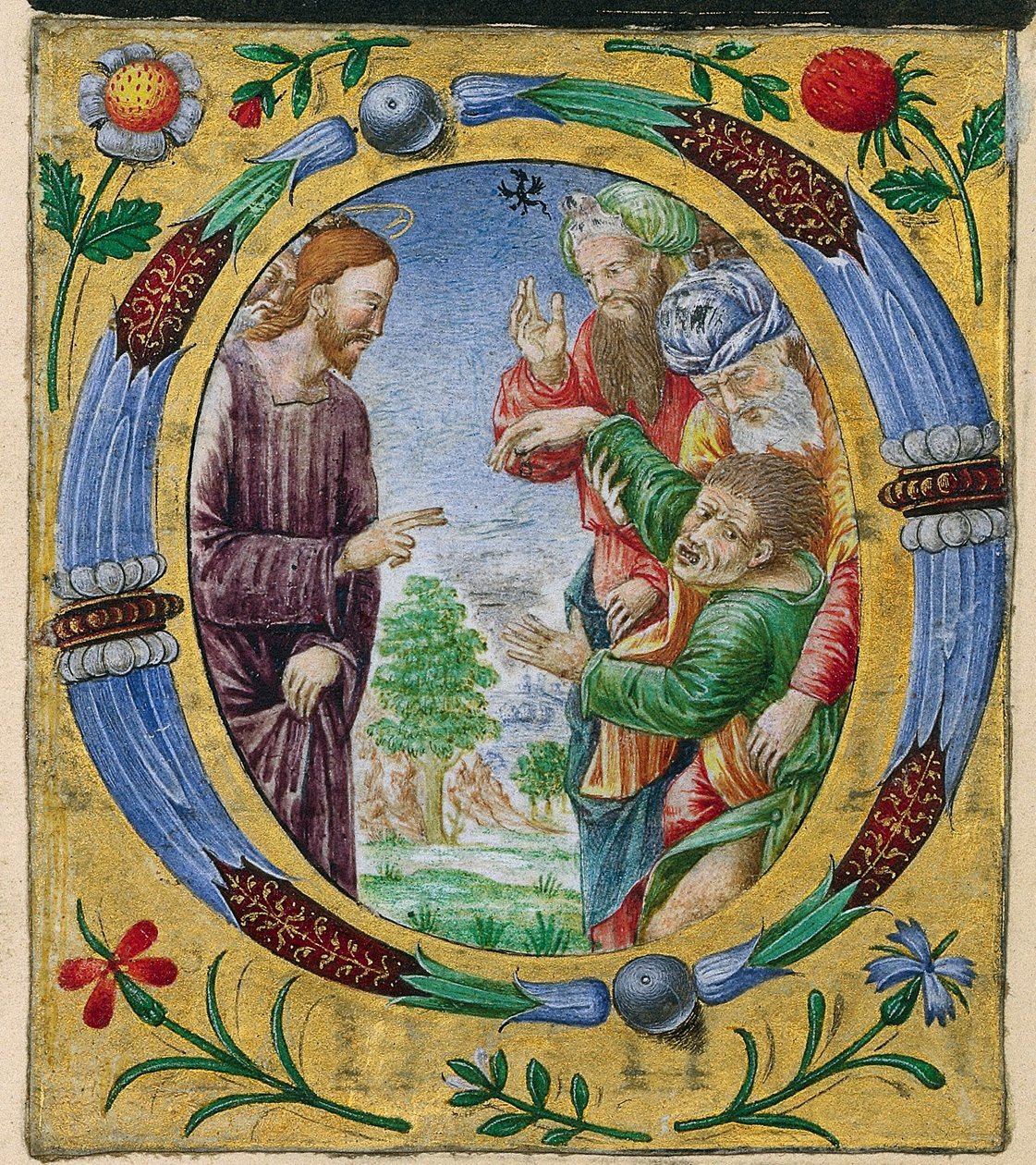 Vágás egy misekönyvből: O kezdetű Krisztussal, aki ördögűzést végez, c. 1520. alkotó: Matteo da Milano