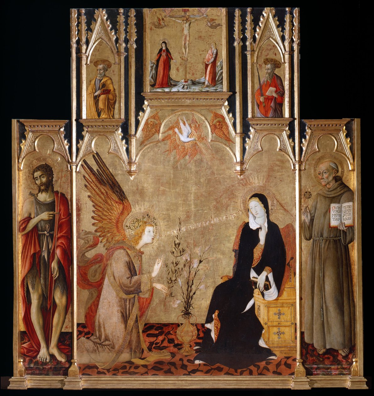 Angyali üdvözlet Keresztelő Jánossal és Bernardino da Sienával. A keresztre feszítés. Szent Péter és Pál, 1455 és 1464 között alkotó: Matteo di Giovanni
