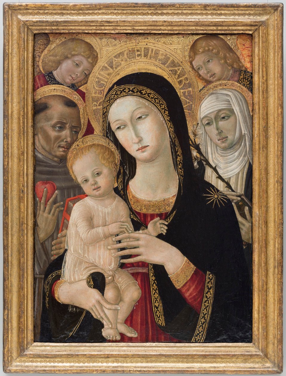 Madonna a gyermekkel, Sienai Szent Katalinnal, Páduai Szent Antal és angyalokkal alkotó: Matteo di Giovanni