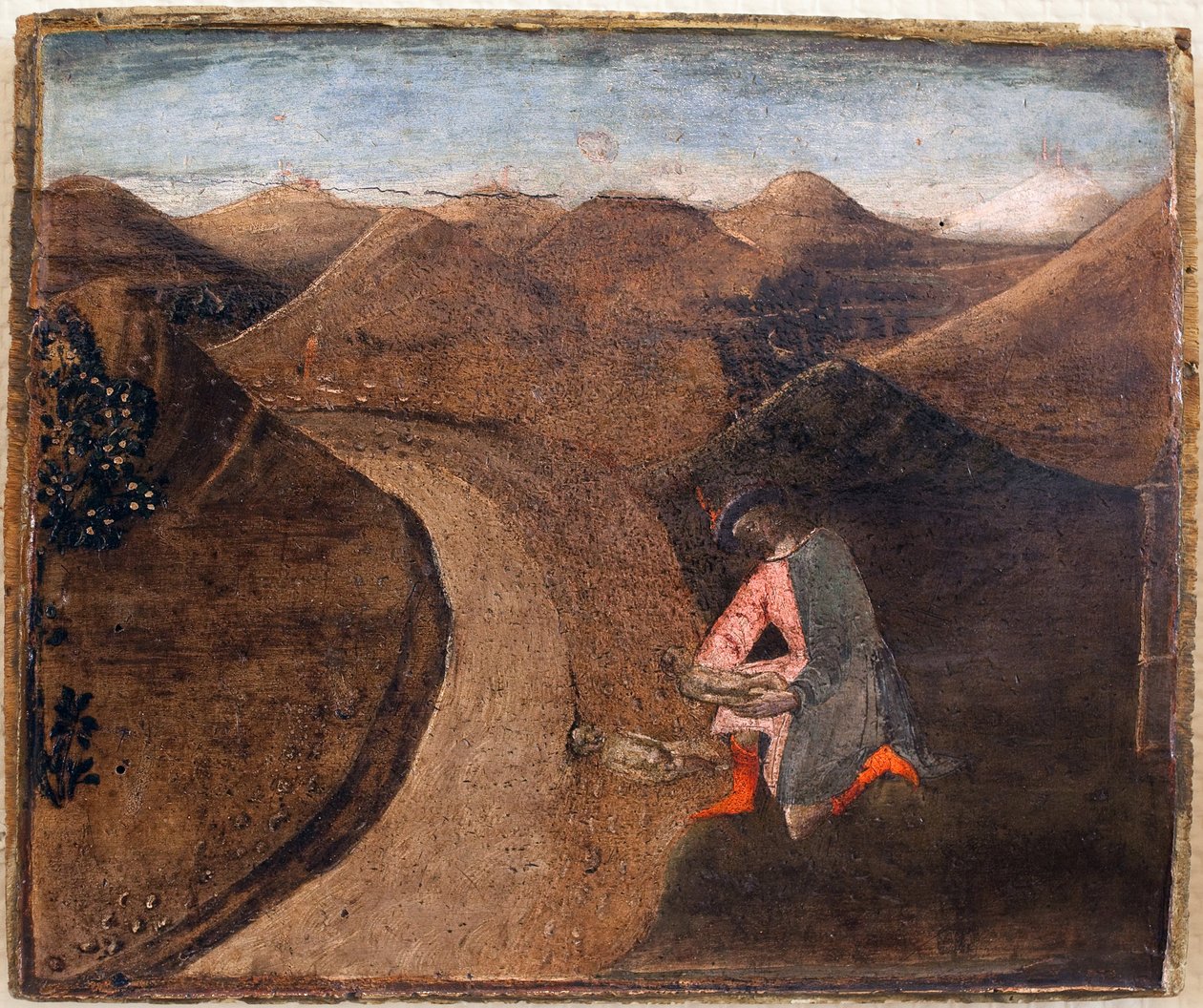 Romulus és Remus legendája: Amulius a Tiberisre fekteti az ikreket. Matteo di Giovanni (1430-1495) festménye, detrempe fára, 28,5 x 34 cm. Olasz művészet 15. század. Musee des Beaux Arts de Libourne. alkotó: Matteo di Giovanni di Bartolo