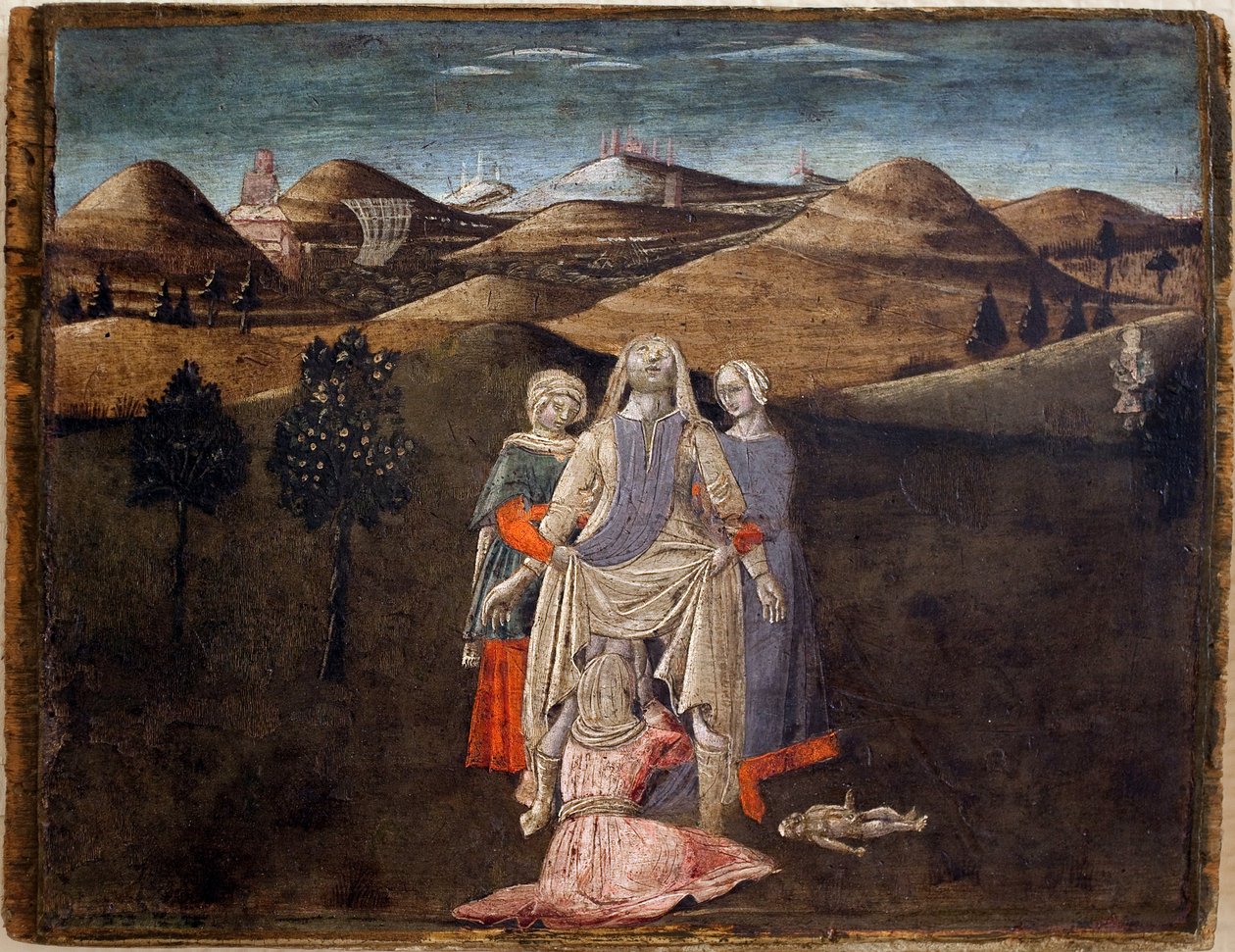 Romulus és Remus legendája: Rhea Silvia születése. Matteo di Giovanni (1430-1495) festménye, detrempe fára, 27,9 x 35,7 cm. Olasz művészet 15. század. Musee des Beaux Arts de Libourne. alkotó: Matteo di Giovanni di Bartolo