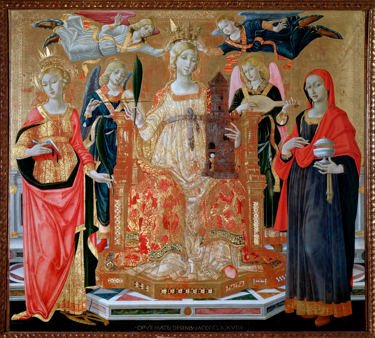Szent Borbála a trónon, Szent Mária Magdolna, Alexandriai Szent Katalin - olajtábla alkotó: Matteo di Giovanni di Bartolo